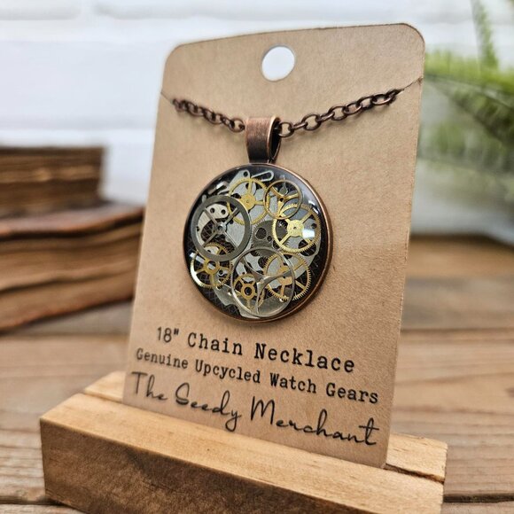 Steampunk Copper Pendant Necklace Made with Genuine Watch Parts & Gears on Chain - Picture 2 of 7
